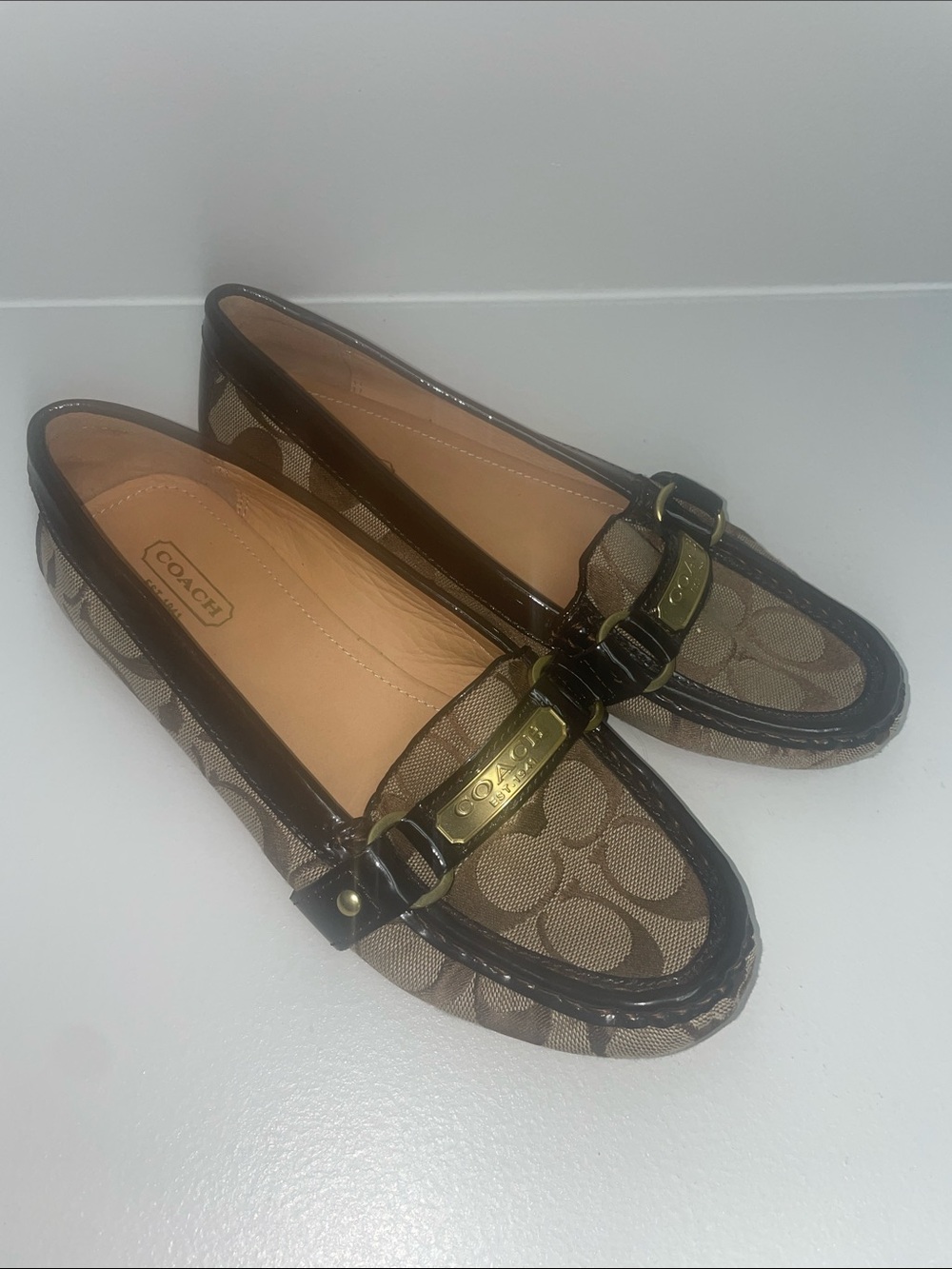 Coach Tan Signature Canvas Loafers with Dark Brown Trim and Gold Hardware